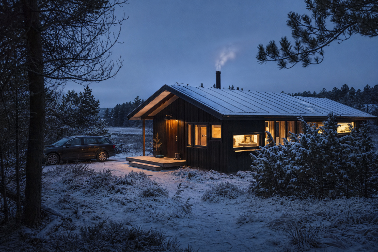 Sommerhus i vinterlandskab