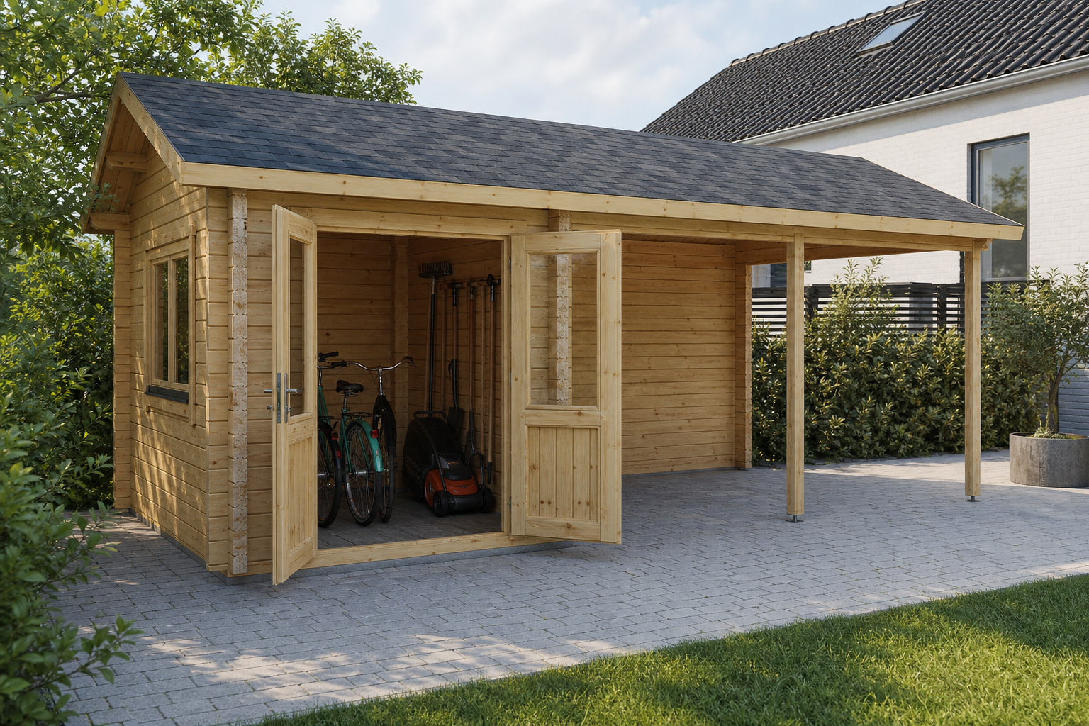 Carport med redskabsskur