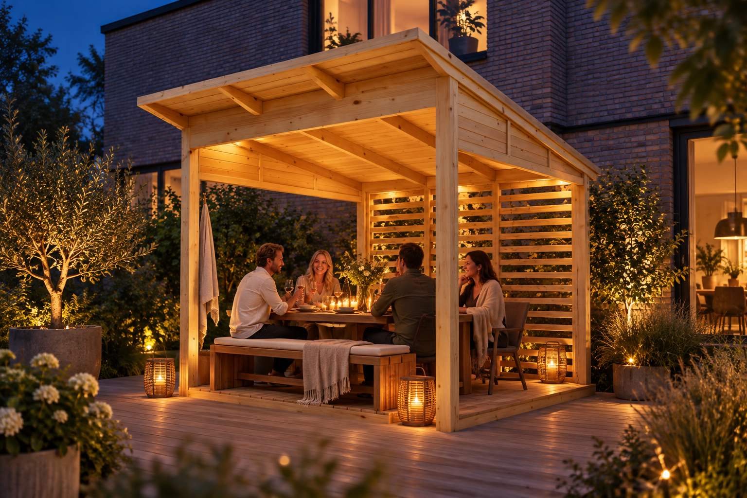 Oplyst pergola i skumringen