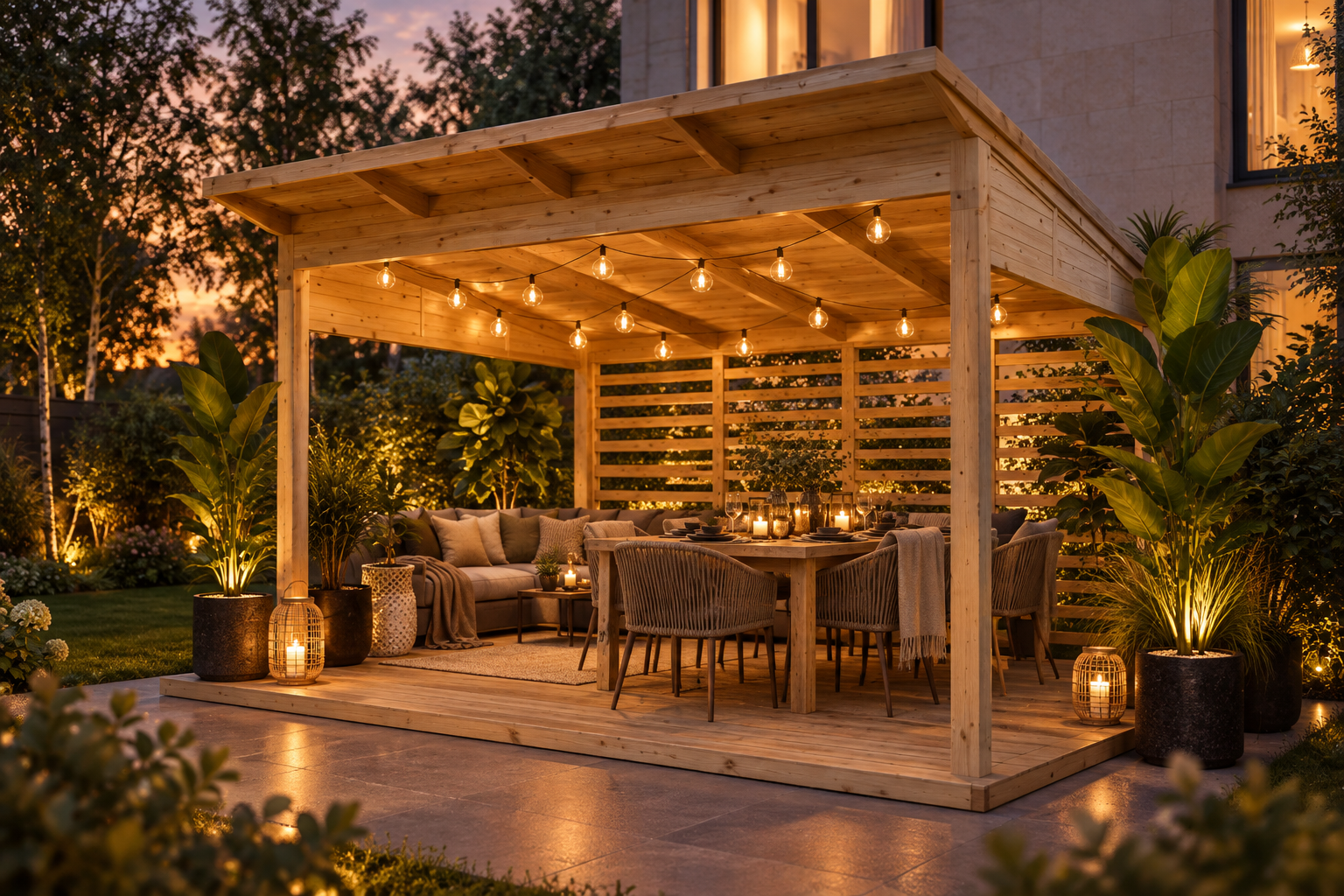 Pergola med varme lyskæder